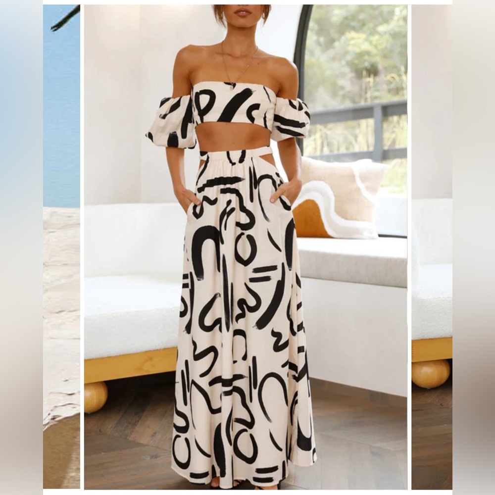 NWOT, L, SET!, Printed Off Shoulder Crop Top & Pocketed Cutout Maxi Skirt Set